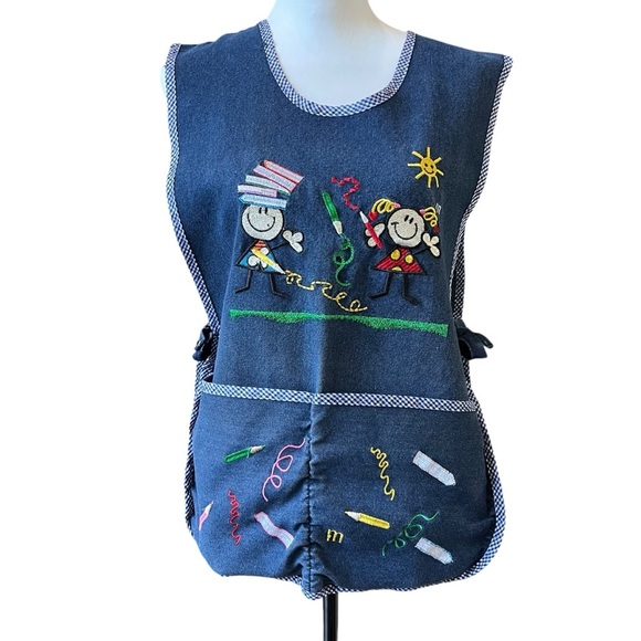 Teacher Apron Art Class Pre-K Kindergarten Smock Embroidered Handmade Blue Denim - Picture 1 of 8